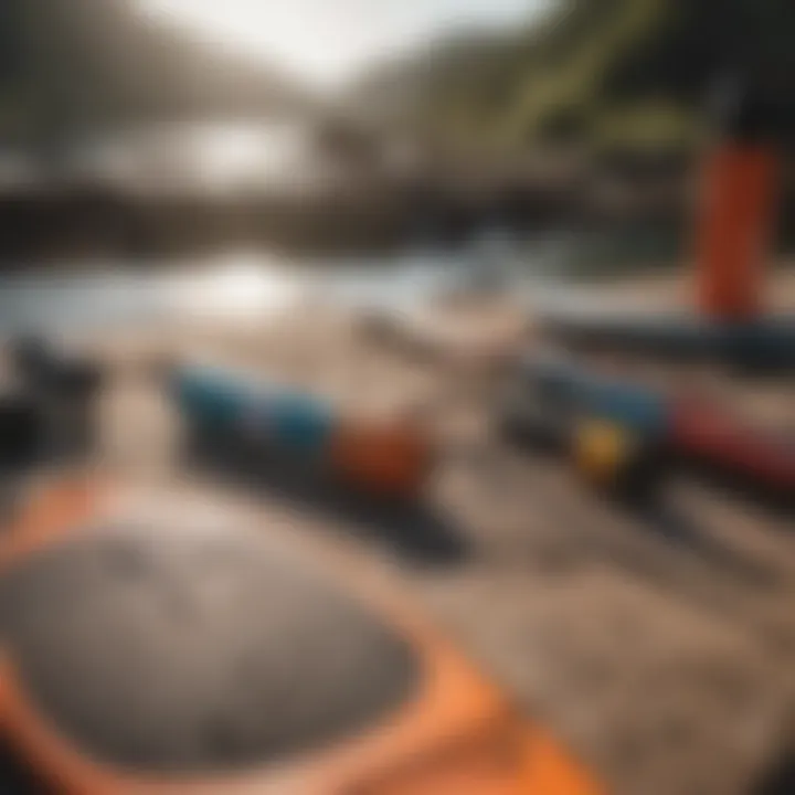 A repair kit for inflatable paddle boards laid out on a table.