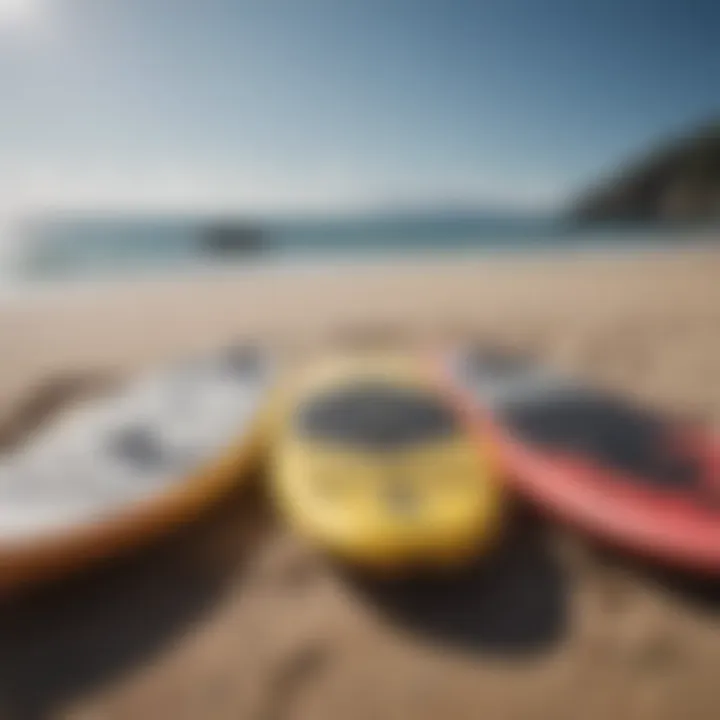 Various paddle boards of different sizes lined up on the beach