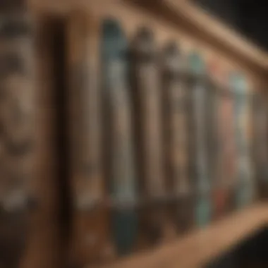 A collection of rare skateboard decks displayed on a wooden shelf, highlighting their unique designs.