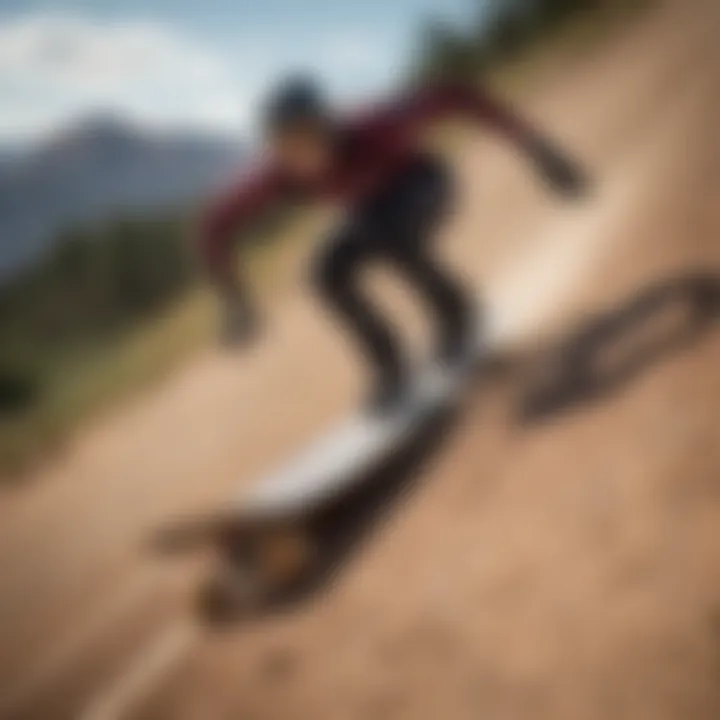 Dynamic shot of a Rayne long board in action on a downhill slope