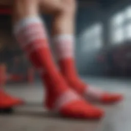 Adidas socks showcasing vibrant red and white colors in an extreme sports setting