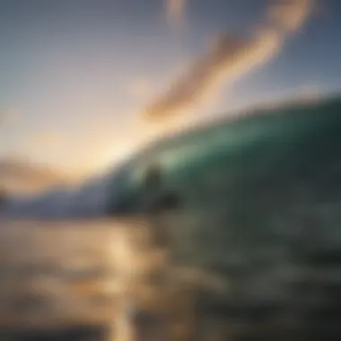 Surfers riding the perfect waves under a vibrant sunset at Kauai beach