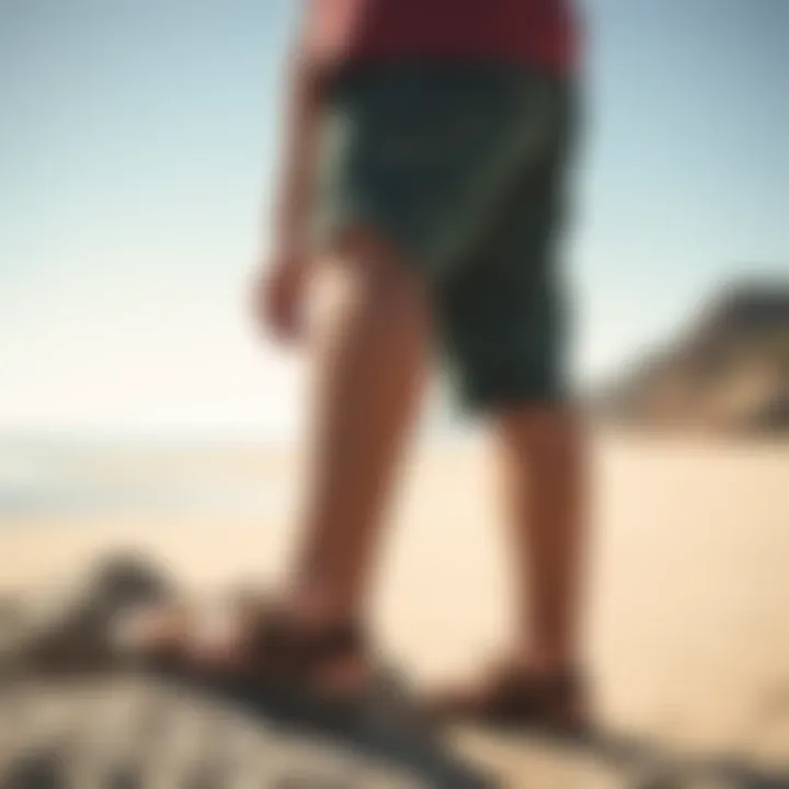 Adventurer wearing Roxy Brown Sandals near a scenic beach