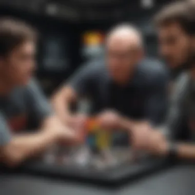 Camaraderie Among Enthusiasts A group of enthusiasts discussing strategies and sharing tips at a Rubik's Cube event