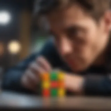 A competitor focused intently on solving a Rubik's Cube at a competition