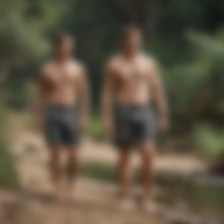 Group of adventurers wearing RVCA camo swim shorts in a natural setting