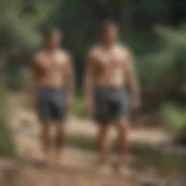 Adventurers Embracing Nature in RVCA Camo Swim Shorts Group of adventurers wearing RVCA camo swim shorts in a natural setting