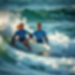 Dynamic ocean scene with surfers wearing Salty Crew shirts