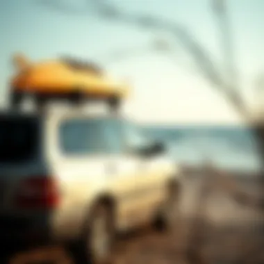 Car Ready for Beach with Surfboard A car parked beside the beach, surfboard on the roof
