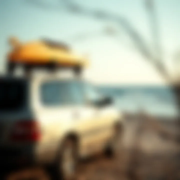 Car Ready for Beach with Surfboard A car parked beside the beach, surfboard on the roof