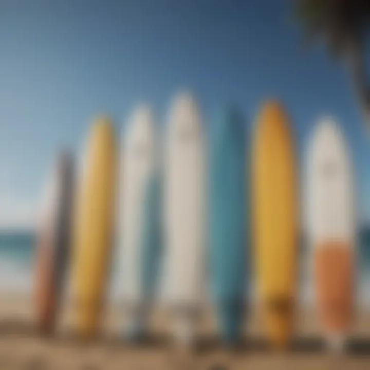 A variety of surfboards lined up on the beach showcasing different styles and designs