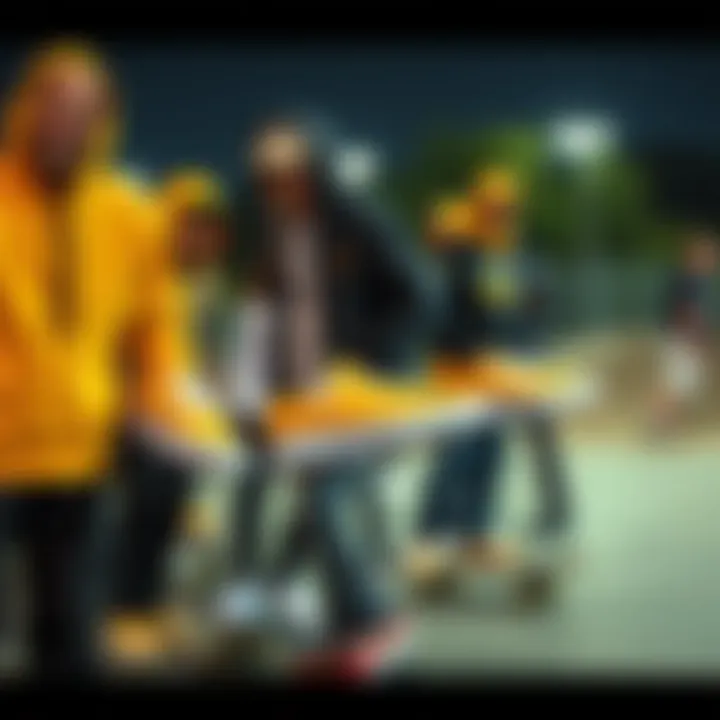 Group of skaters showcasing their yellow Vans at a skate park