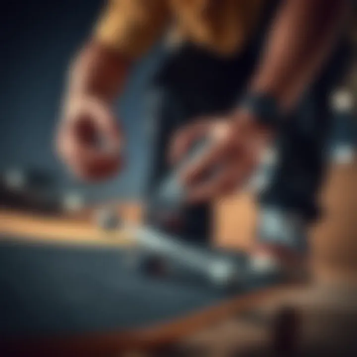 Skateboarder Utilizing a Multi-Tool for Optimal Performance An expert skateboarder using a multi-tool during a session