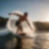 A vibrant skimboard gliding over the water