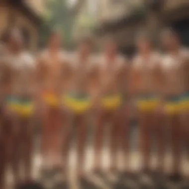 Group of friends wearing matching SpongeBob underwear at a casual gathering