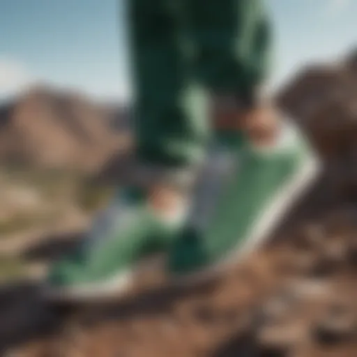 A close-up of Stan Smith Green sneakers on a rugged terrain, symbolizing their connection to extreme sports.