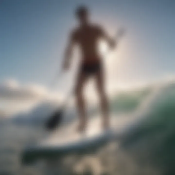 Dynamic action shot of a paddle boarder navigating through gentle waves