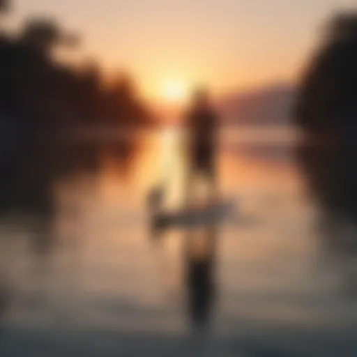 A serene landscape showcasing a paddle boarder gliding across calm waters at sunset