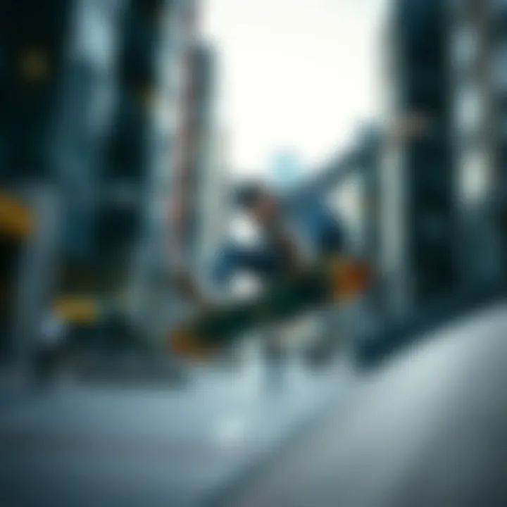 A captivating shot of a skateboarder executing a complex trick in a stylish urban environment.