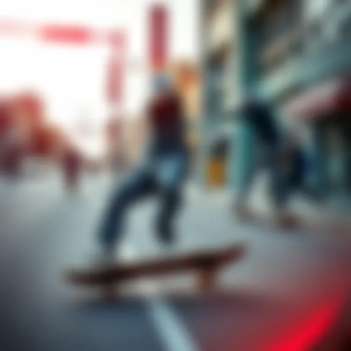 A vibrant street scene capturing the essence of straye skateboarding with dynamic colors and energy.