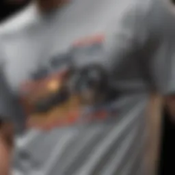 A close-up of an artistic street wear t-shirt featuring graphic designs related to extreme sports.