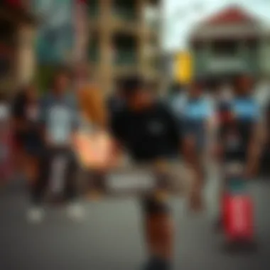 A vibrant urban environment featuring skateboarders with Supreme decks