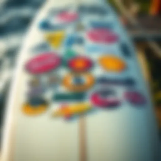 A collection of vibrant surf company stickers displayed on a surfboard