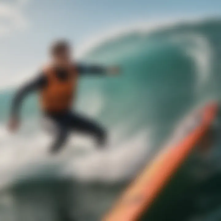 A professional surfer wearing a flotation vest while riding a wave