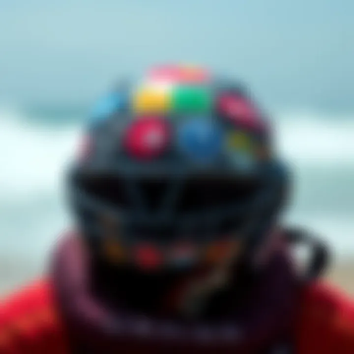 A surfer's helmet adorned with various surf company stickers