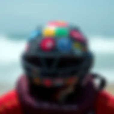 Helmet with Surf Stickers A surfer's helmet adorned with various surf company stickers