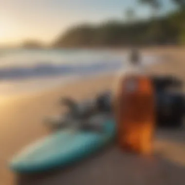 A collection of essential surfing gear displayed on the beach