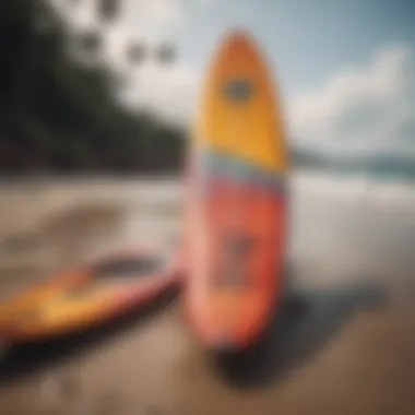 A vibrant funboard at the beach showcasing its design.