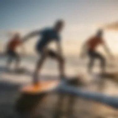 A diverse group of surfers enjoying a funboarding session.