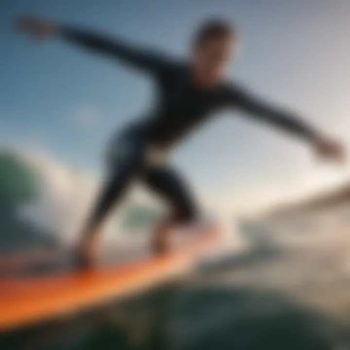 A surfer executing a maneuver on a funboard.