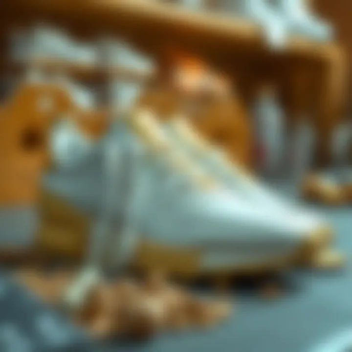 Materials used in white and gold Adidas shoes displayed