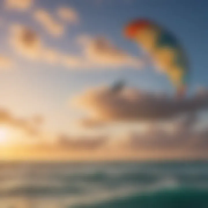 An adrenaline junkie kite surfing against a backdrop of vibrant skies