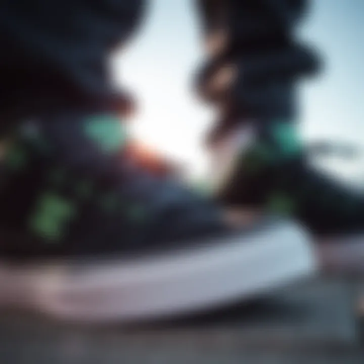 Design Details Close-up of black and green DC shoes emphasizing design details