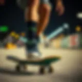 Dynamic skateboarder showcasing black and green DC shoes in action