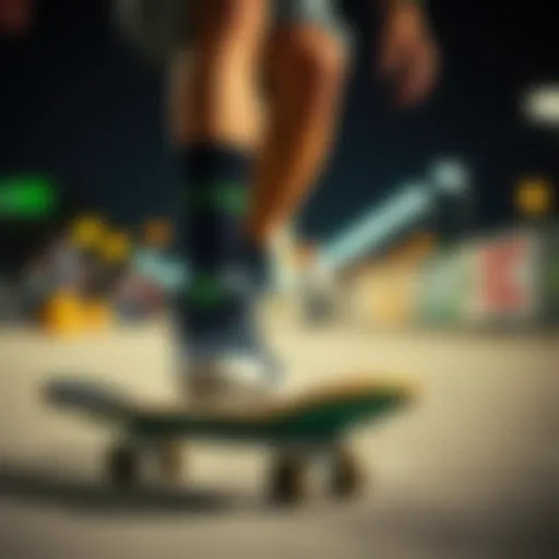 Dynamic skateboarder showcasing black and green DC shoes in action