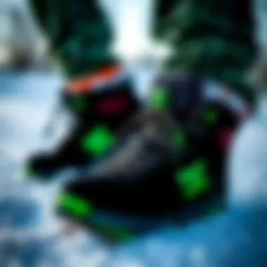 Snowboarding Style Stylish snowboarding scene featuring black and green DC shoes on snow