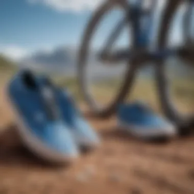 Blue and black checkered Vans on a mountain biking trail