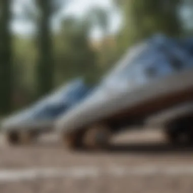 Blue and black checkered Vans on a skateboard