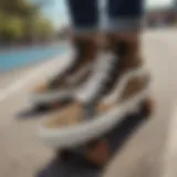 Close-up of leopard print hi-top Vans on a skateboard