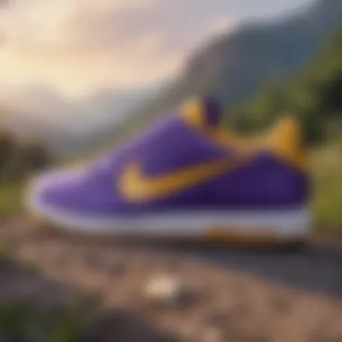 Aesthetic Appeal of Nike Shoes in Nature Close-up of purple and gold Nike shoes with a scenic outdoor backdrop