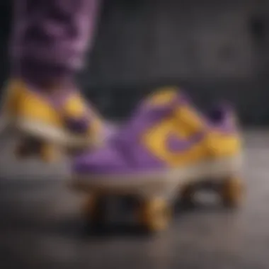 The Intersection of Style and Extreme Sports Stylish display of purple and gold Nike shoes on a skateboard