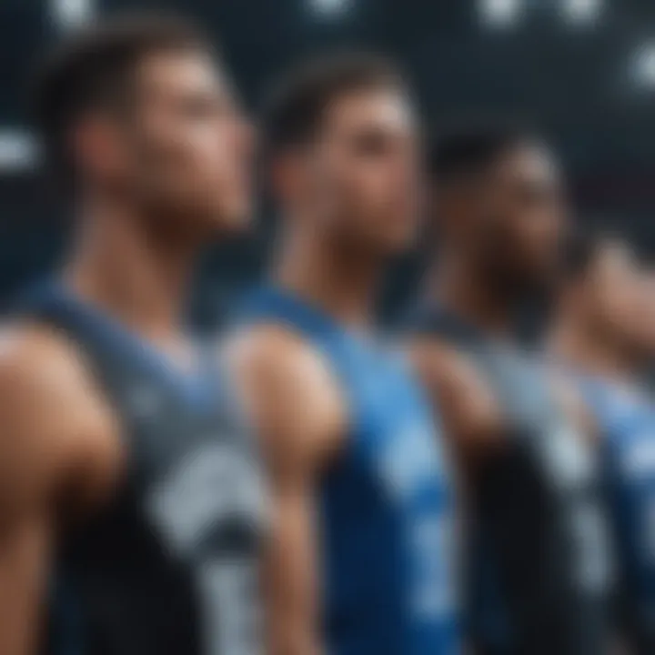 Array of branded black and blue basketball jerseys from various teams