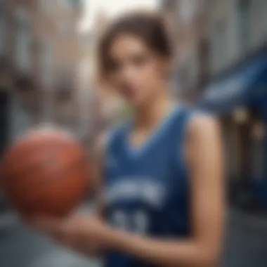 Stylish individual wearing a black and blue basketball jersey in a casual setting