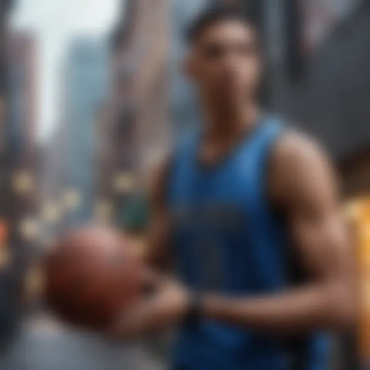 Dynamic black and blue basketball jersey displayed in an urban setting