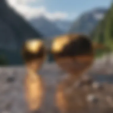 Reflection of Nature in Gold Frame Sunglasses An inspiring view of gold frame sunglasses reflecting a scenic landscape