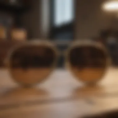 Elegant Display of Gold Frame Sunglasses A stylish arrangement of gold frame sunglasses on a wooden table